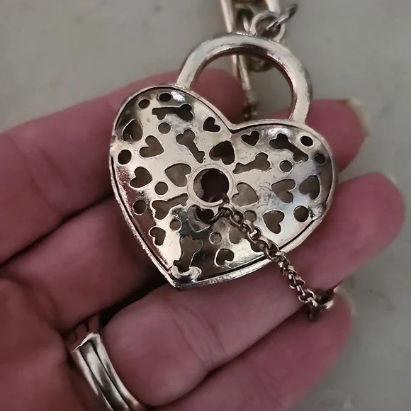 Heart Lock and Key Gold Tone Chain Pendant Necklace - Picture 2 of 16